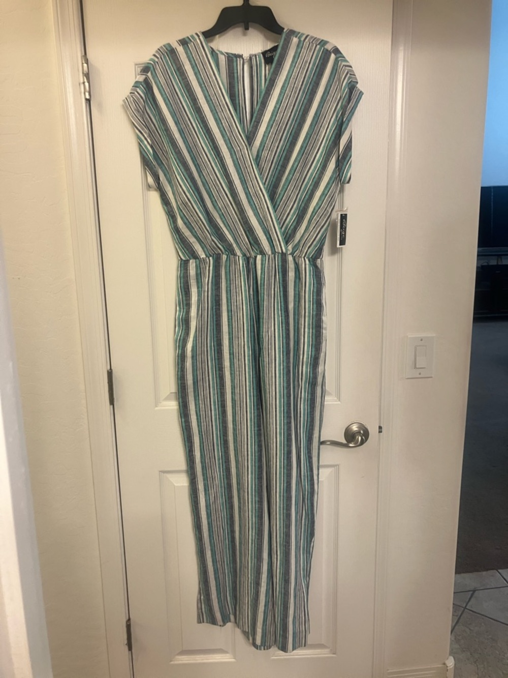 Beige by eci Green, Blue, White Striped Wide-Leg Linen Jumpsuit